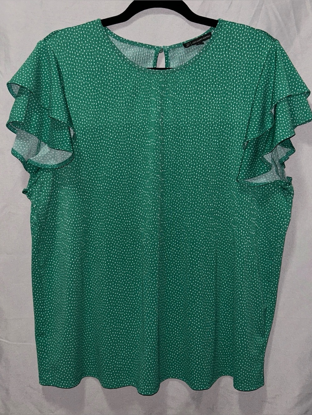 Adrianna Papell Green White Dot Short Flutter Sleeve Textured Blouse Size Large